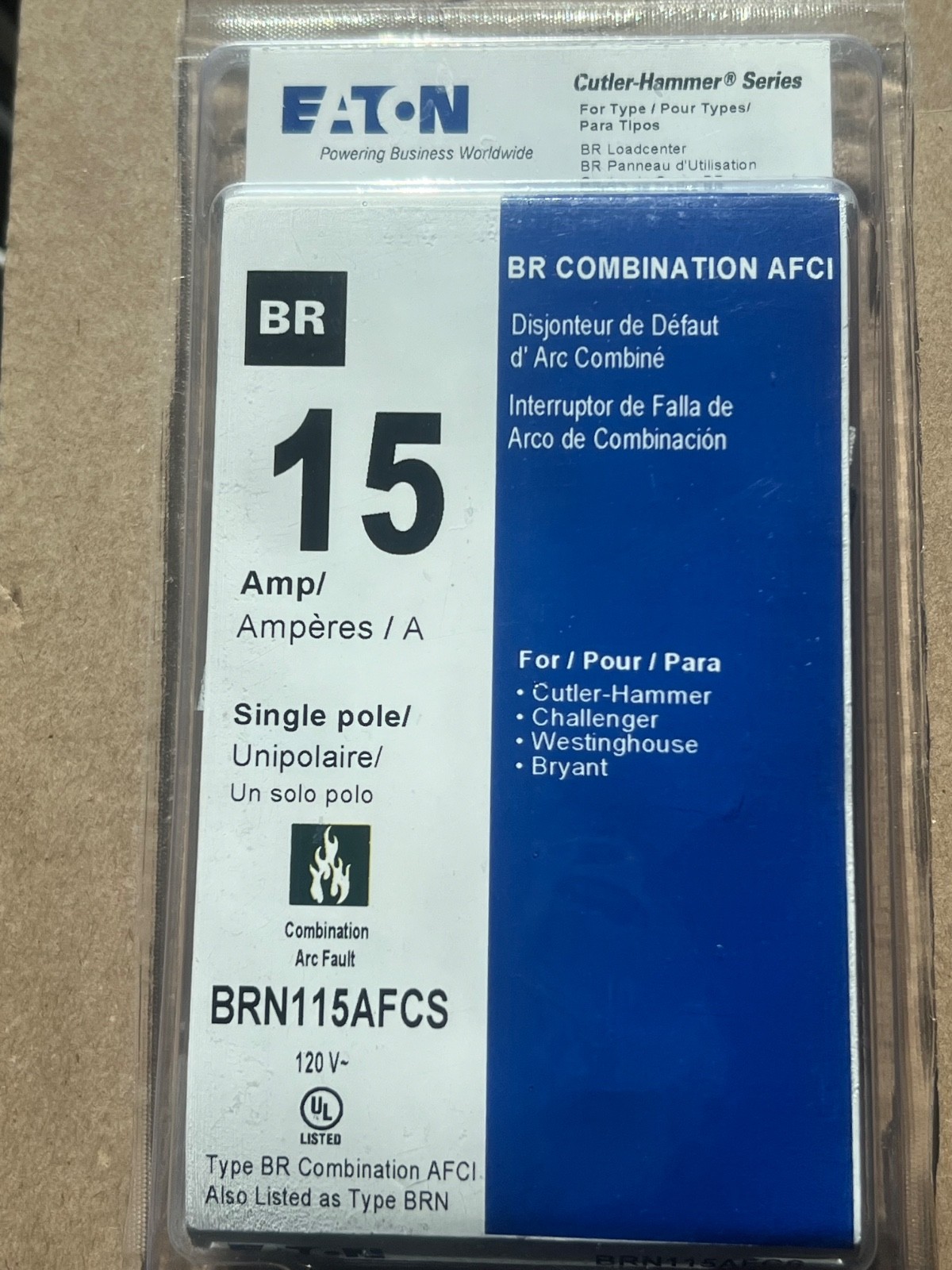 Eaton 15-Amp 1-Pole Combination Arc Fault AFCI Circuit Breaker BRP115AFCS