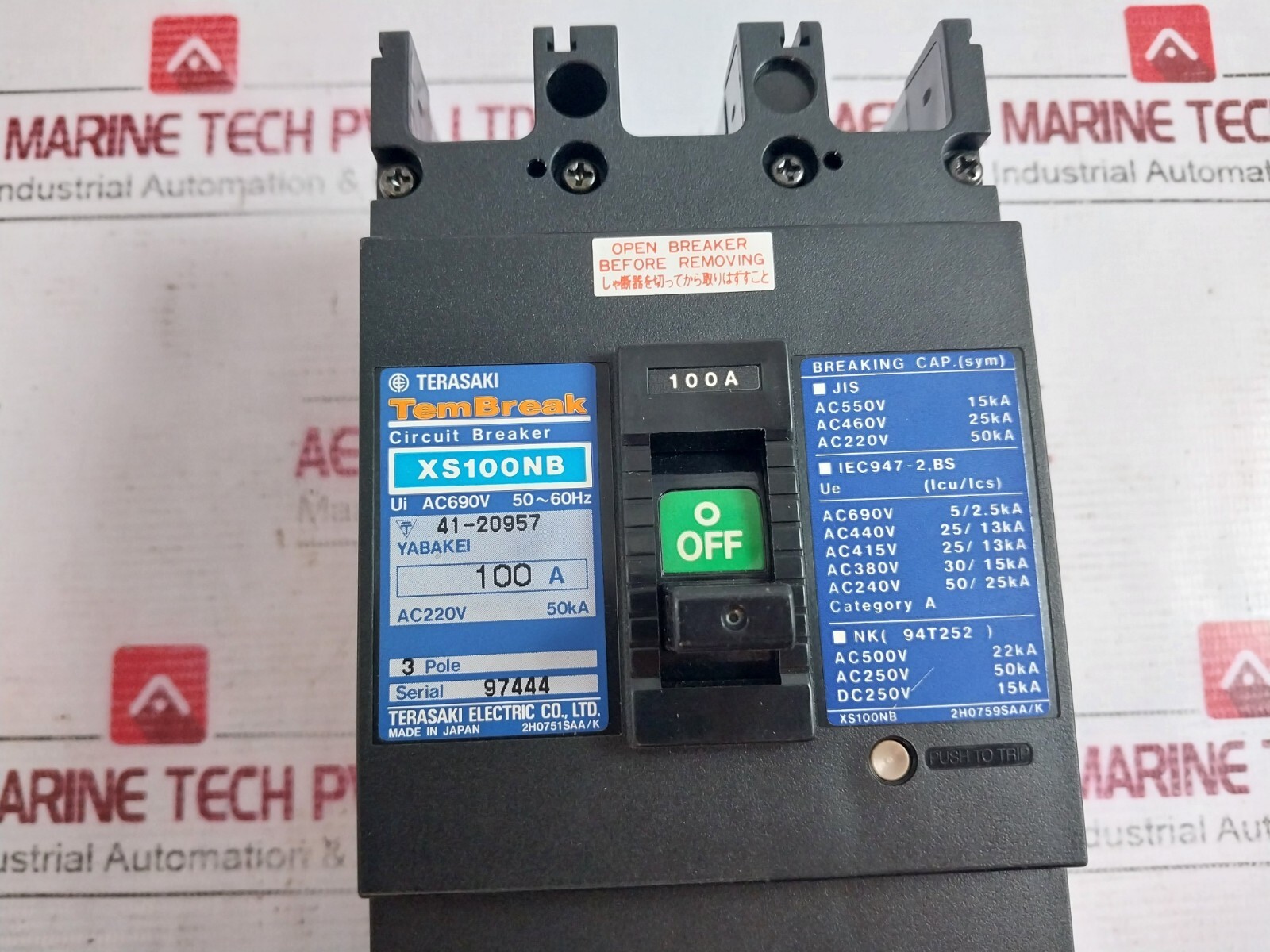 TERASAKI XS100NB TEMBREAK 3 Pole Circuit Breaker 100A AC220V 50KA