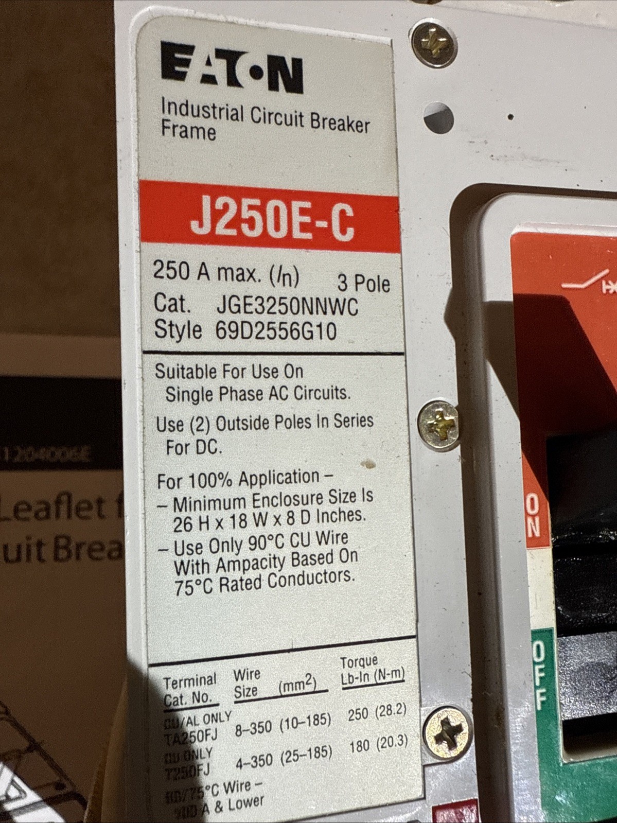 Eaton Generac J250E-C 0H9318EHCN Breaker JT316032 Trip JGE3250NNWC Used in Box