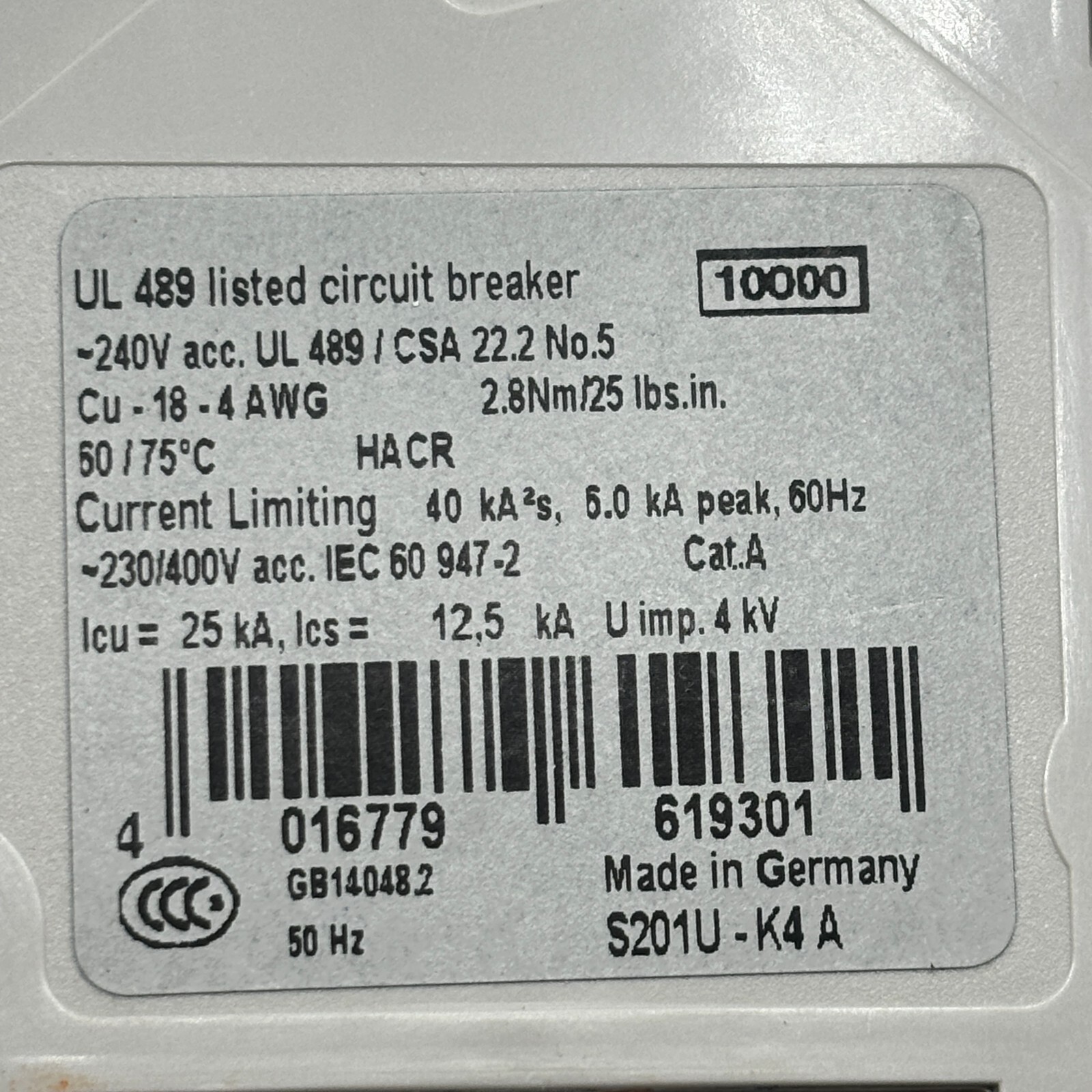 ABB S 201 U K 4 A MINIATURE CIRCUIT BREAKER 1 POLE 240V 50/60HZ S201UK4A ⭐