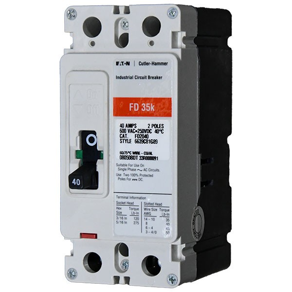 FD2040 Eaton/Cutler Hammer 40A 600V 2P Circuit Breaker -SES