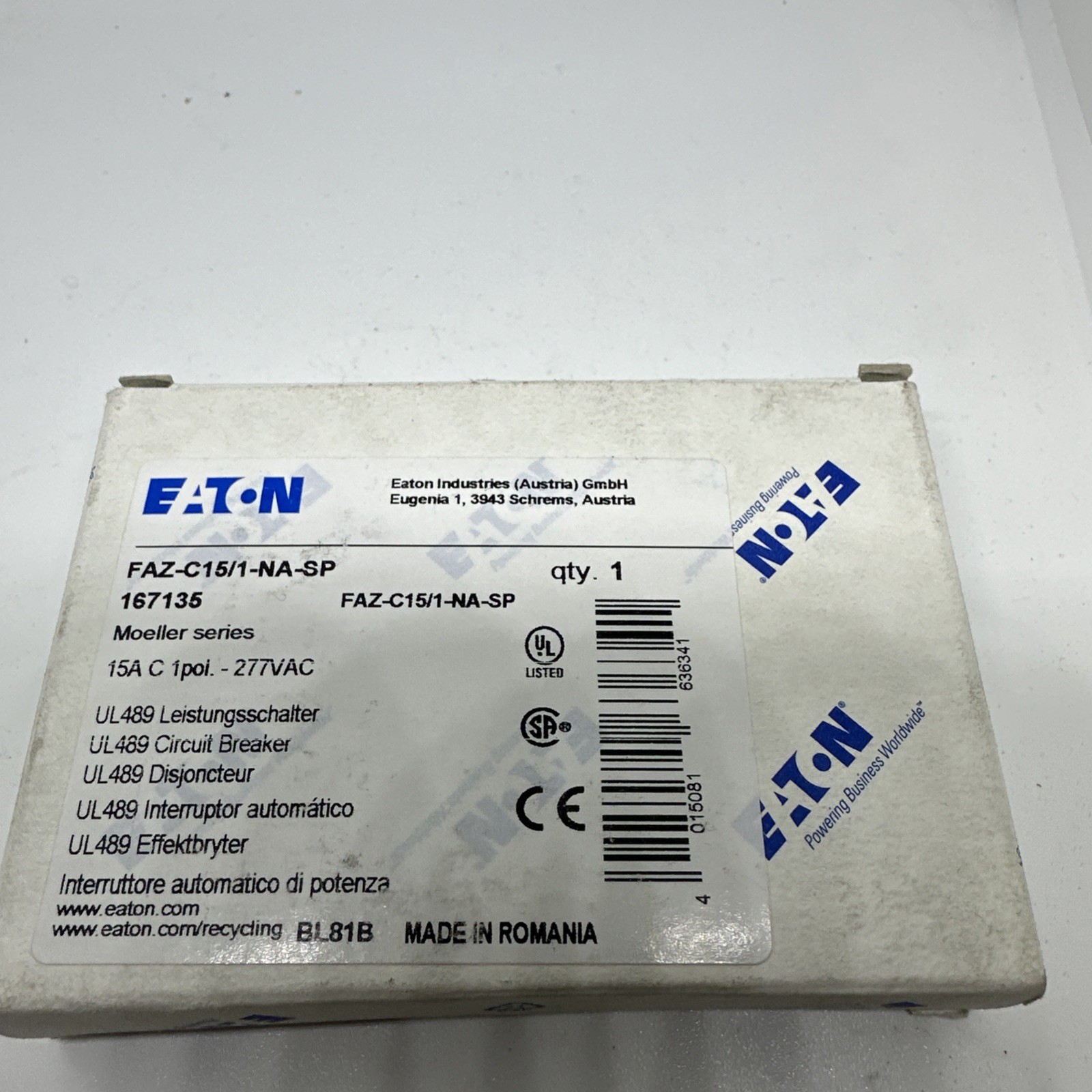 Eaton FAZ-C15-1-NA-SP Circuit Breaker 167135