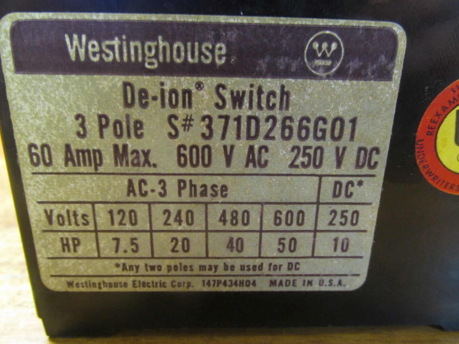 NIB. WESTINGHOUSE DE-ION SWITCH 3P, 60A, 600V, CAT# 371D266G01 … VD-246