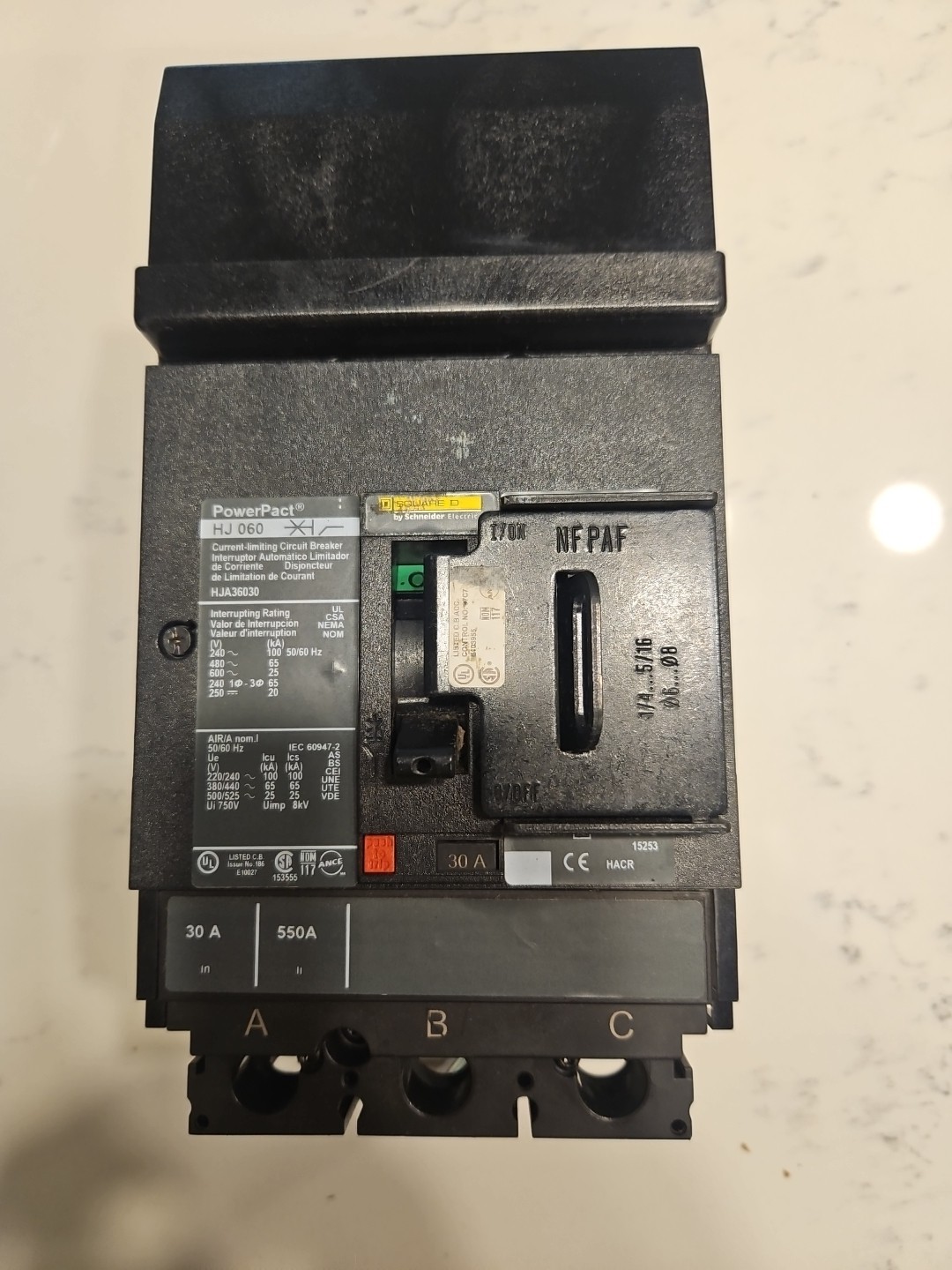 Square D PowerPact HJA36030 3 Pole 30 Amp I-Line Circuit Breaker. LOTO Clasp
