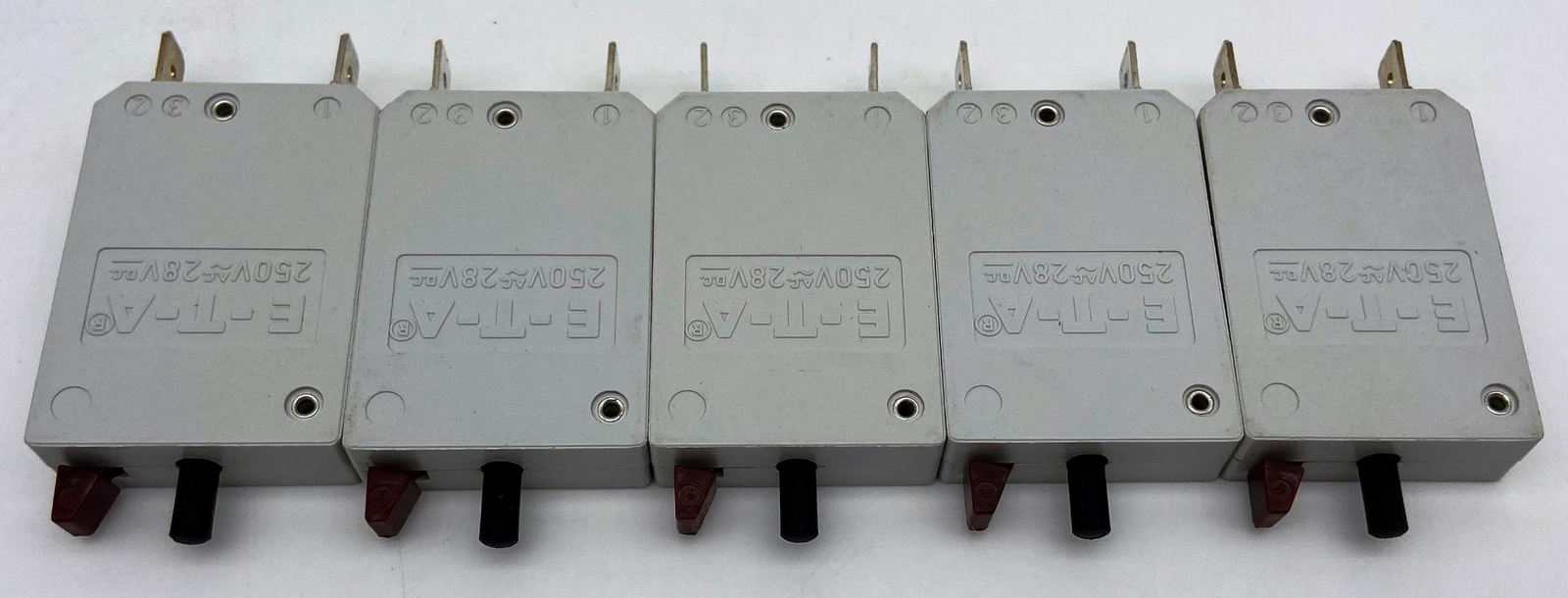 Qty 5, E-T-A 12-P10-H-KF Resettable 25 Amp Circuit Breakers, 250VAC, 28VDC, ETA