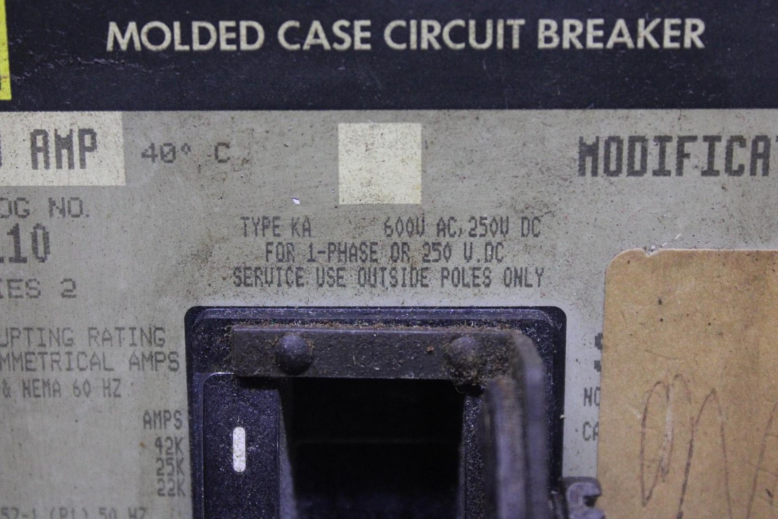 SQUARE D I-LINE CIRCUIT BREAKER KA36110 SERIES 110 AMP 600 VAC 3-POLE
