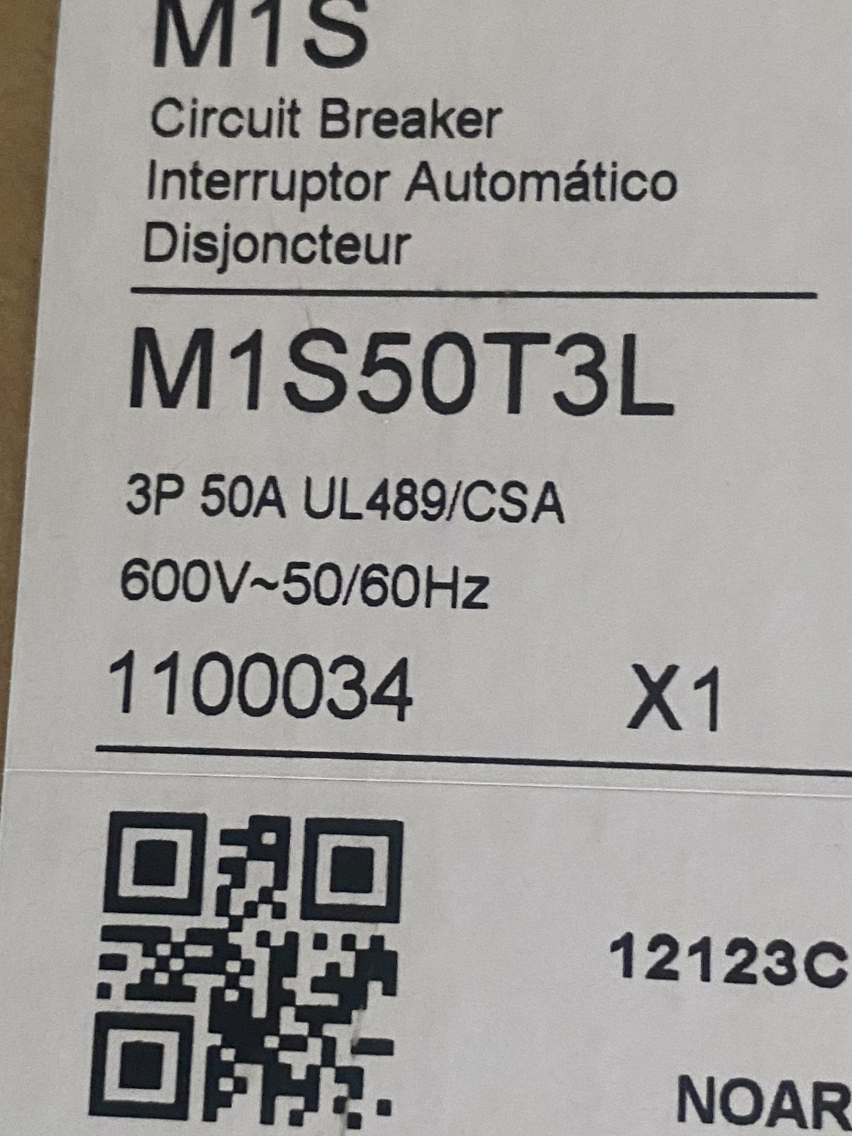 Noark M1S50T3L Circuit Breaker, 3P 50A UL489/CSA 600V-50/60Hz
