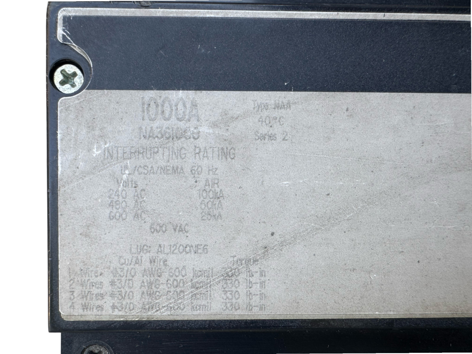 Square D NA361000 I-Line Circuit Breaker 3 Pole 600V 1000A Molded Case Switch