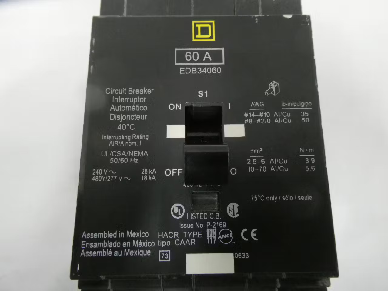 Square D EDB34060 Molded Case Circuit Breaker 3p 60a Amp 240/480v-ac