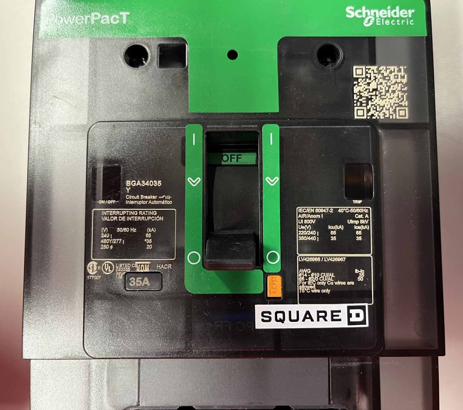 Square D Circuit Breaker 3-Pole 35A 480/277VAC I-LINE PowerPact – BGA34035Y