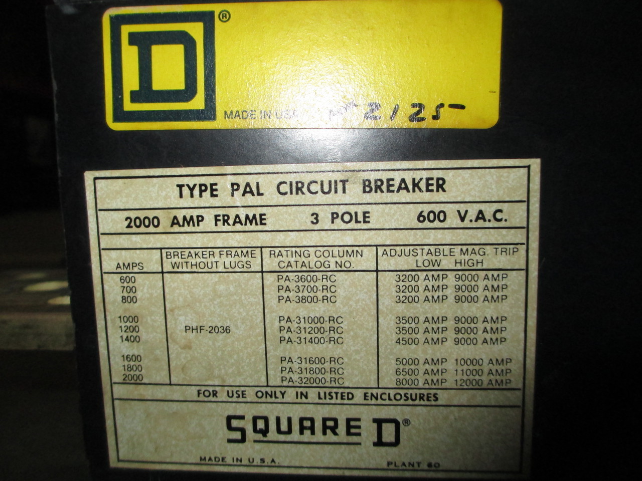 Sq D PHF2036 2000A Frame 800A Rated 3P 600V Circuit Breaker MO/FM Used E-Ok