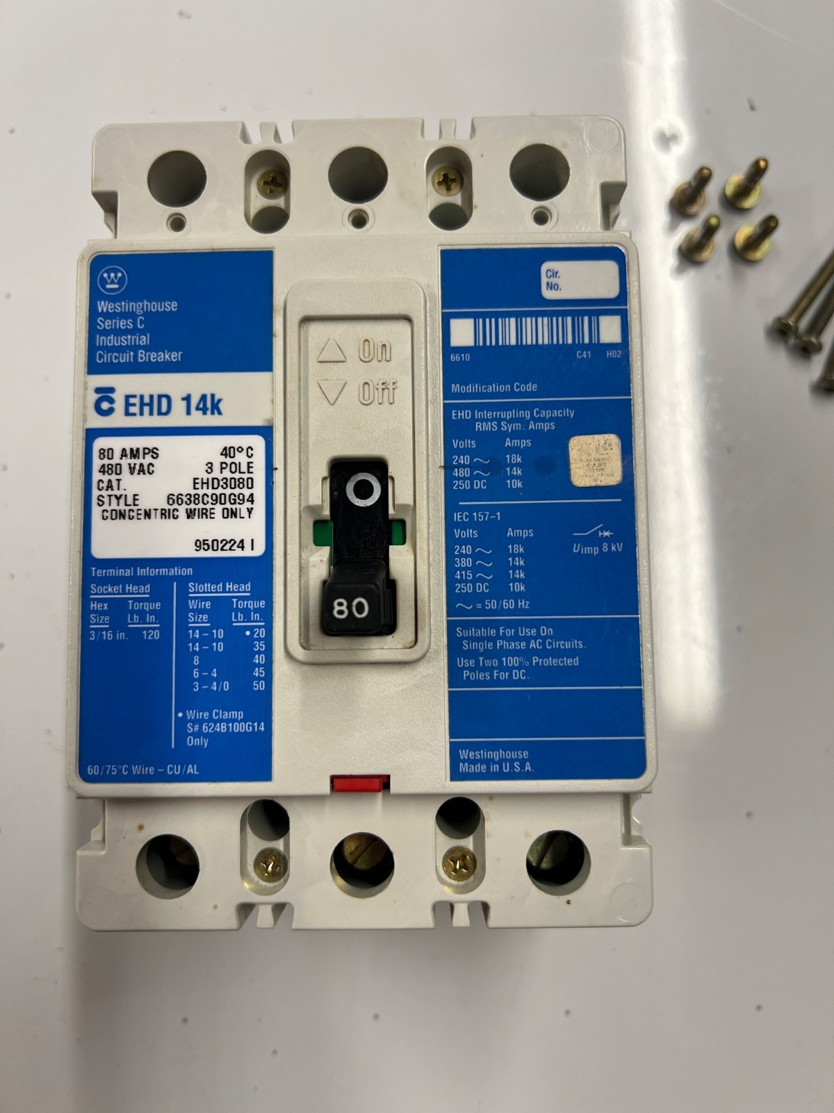 Westinghouse EHD3080 EHD 80A 80 Amps 480V 3 Pole Circuit Breaker Eaton Cutler