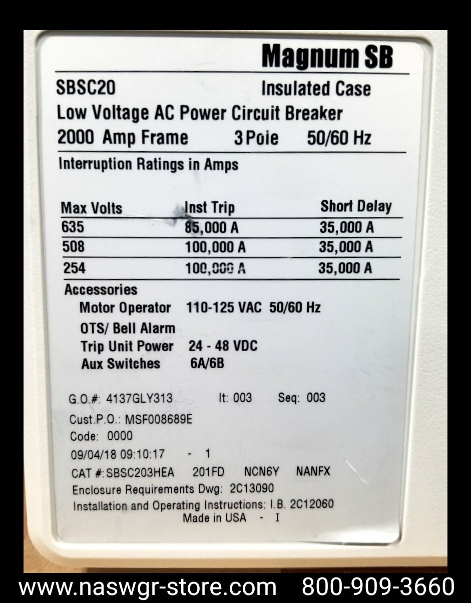 Eaton Magnum SB SBSC20 Breaker (E/O,B/I) ~ 2000 Amp – Unused Surplus