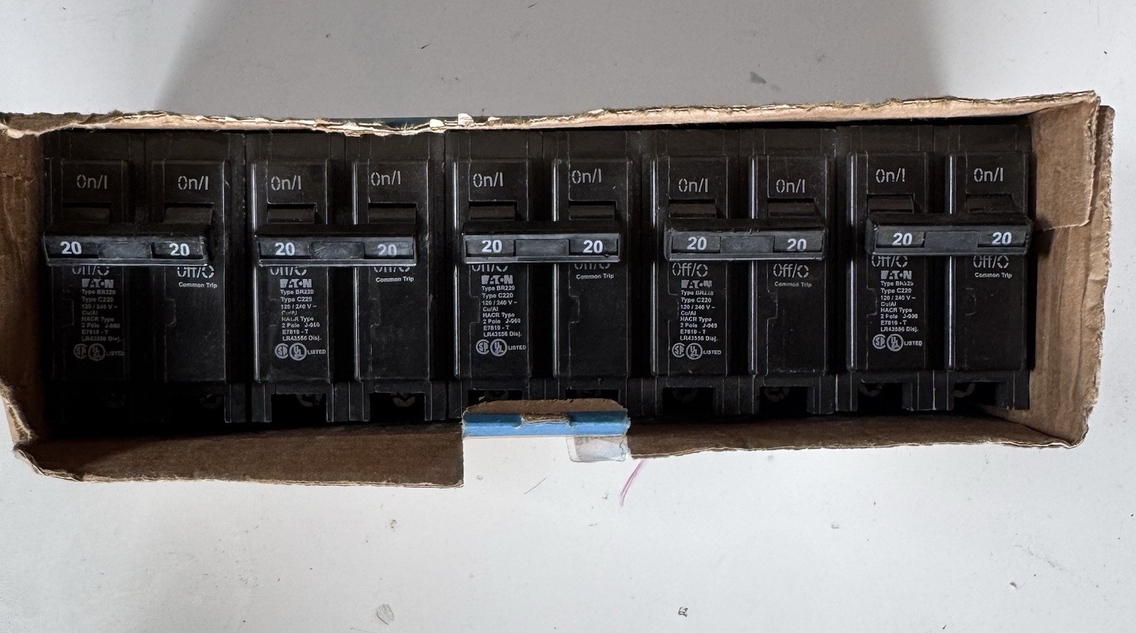 Eaton BR220 Circuit Breaker 20A 2P 120/240V Plug-In/On (5 Pack)