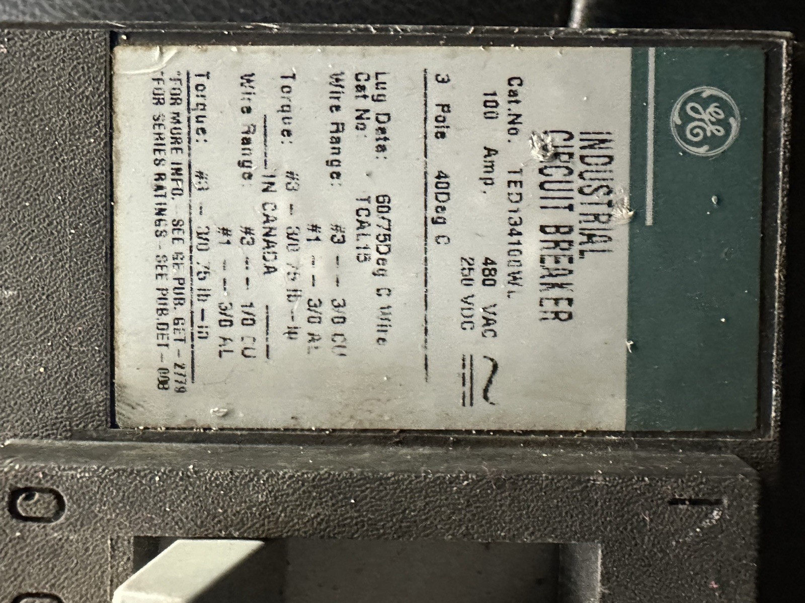 Square D TED134100WL 100A 3-Pole Industrial Circuit Breaker 480V TESTED