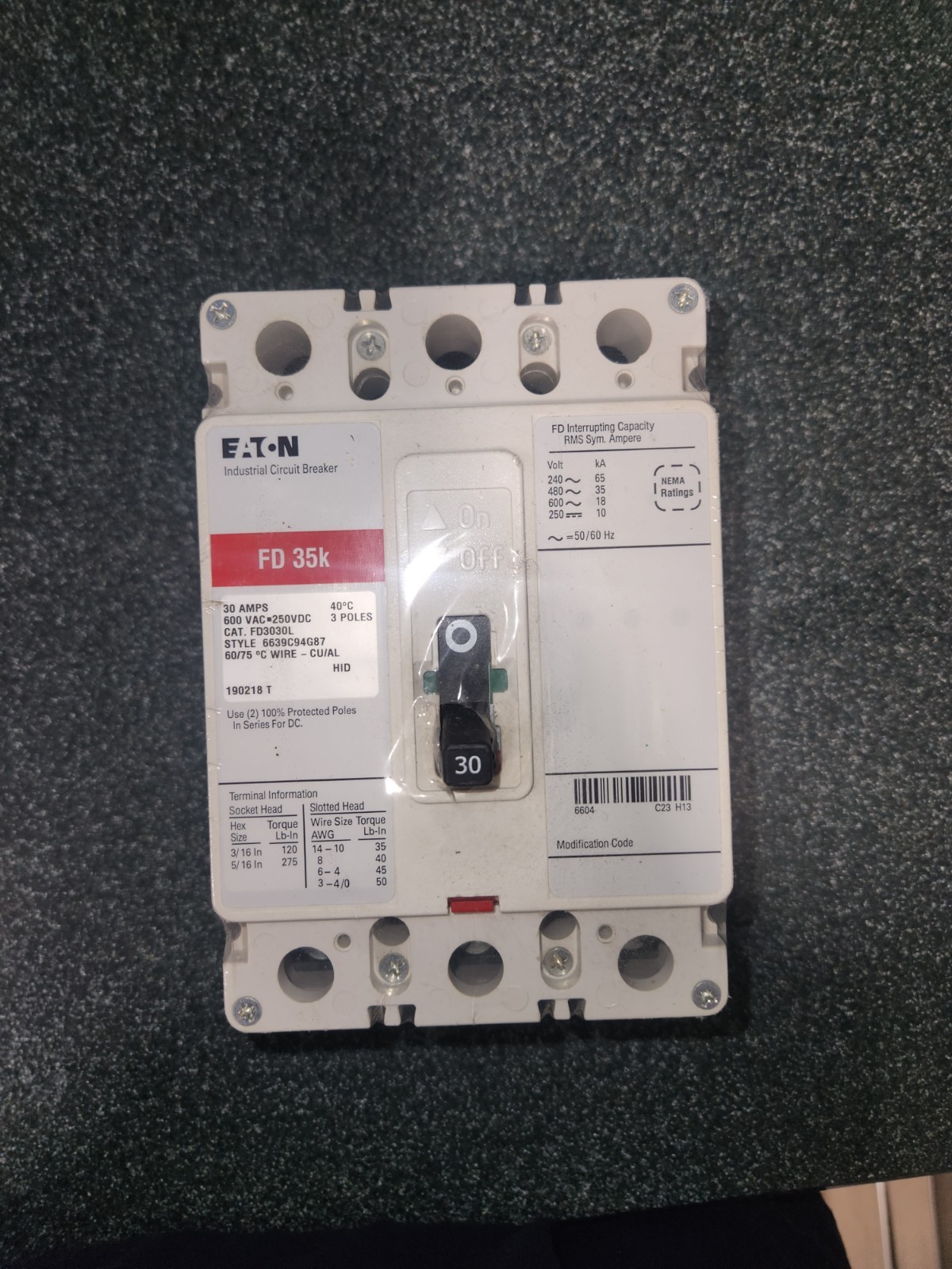 Eaton Cutler Hammer FD3030L 30A 3P FD 35K Circuit Breaker
