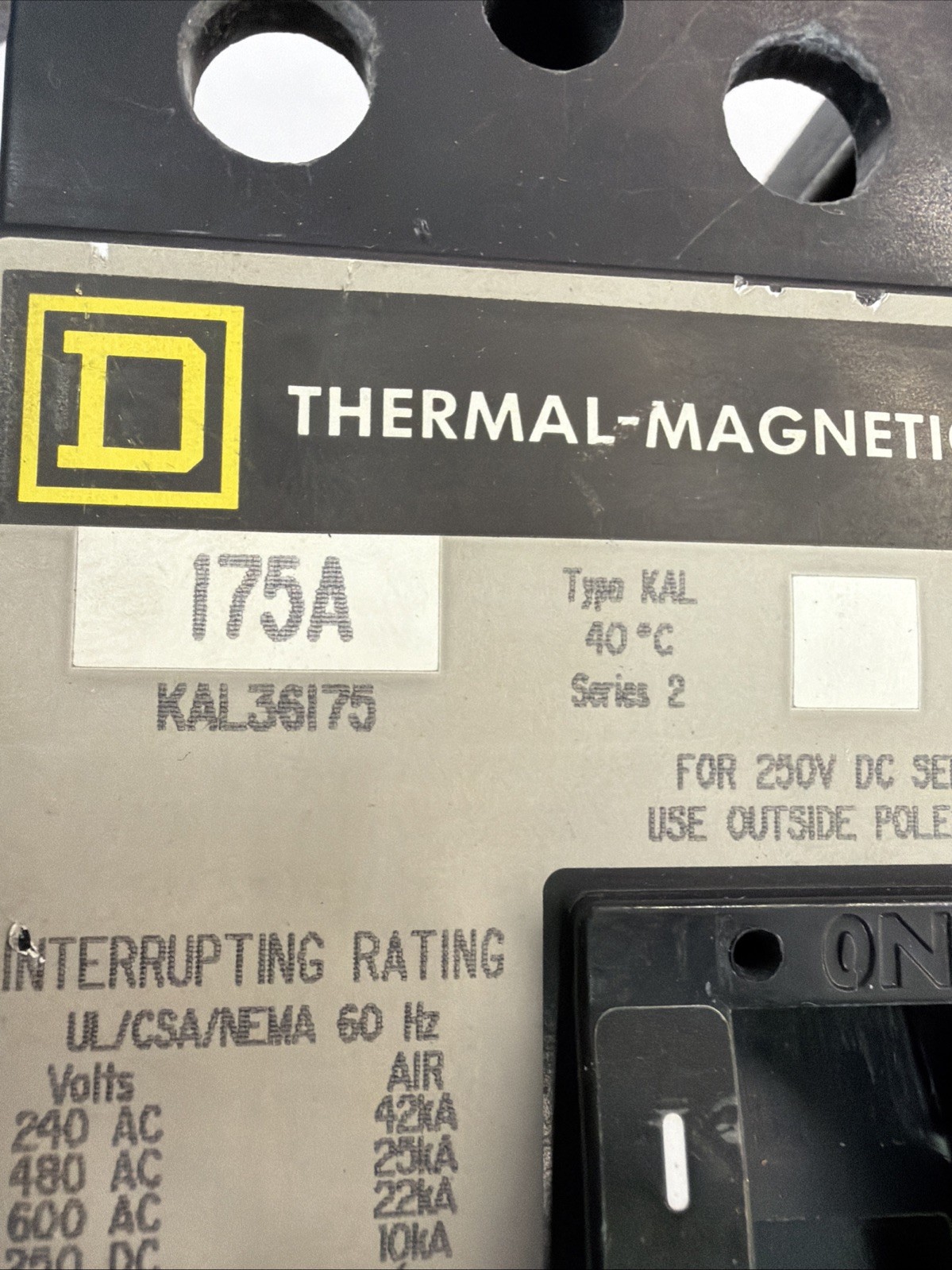 Square D 175A 3 Phase Pole Breaker 600V KAL36175 Line Load Lugs 175 Amp