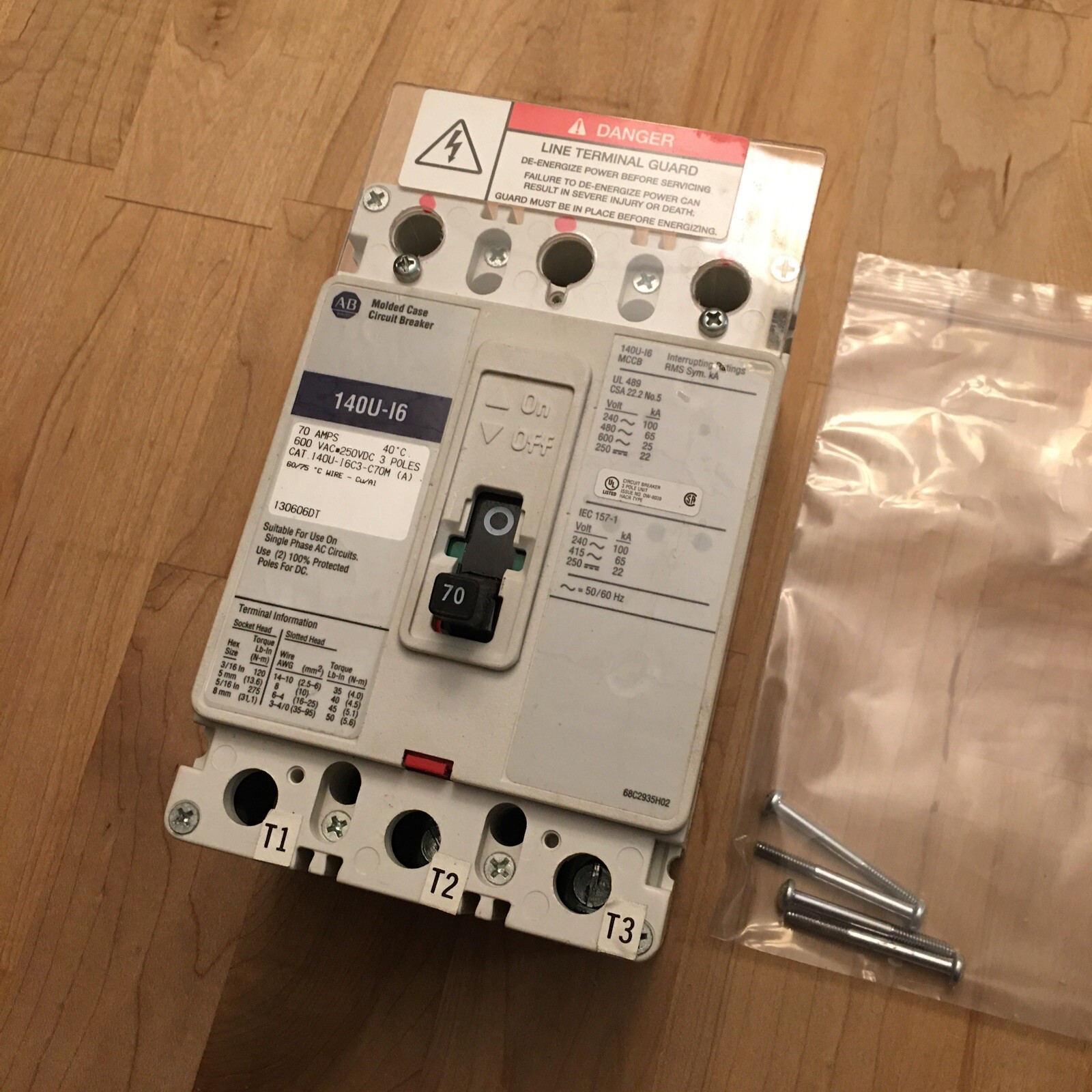 Allen-Bradley 140U-I6C3-C70M Breaker 3 Pole 70 Amp With Mounting Hardware