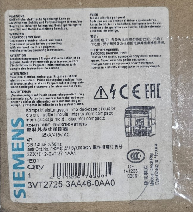 Siemens 3VT2 3VT2725-3AA46-0AA0 Circuit Breaker 250A 4Pole 65kA 690V