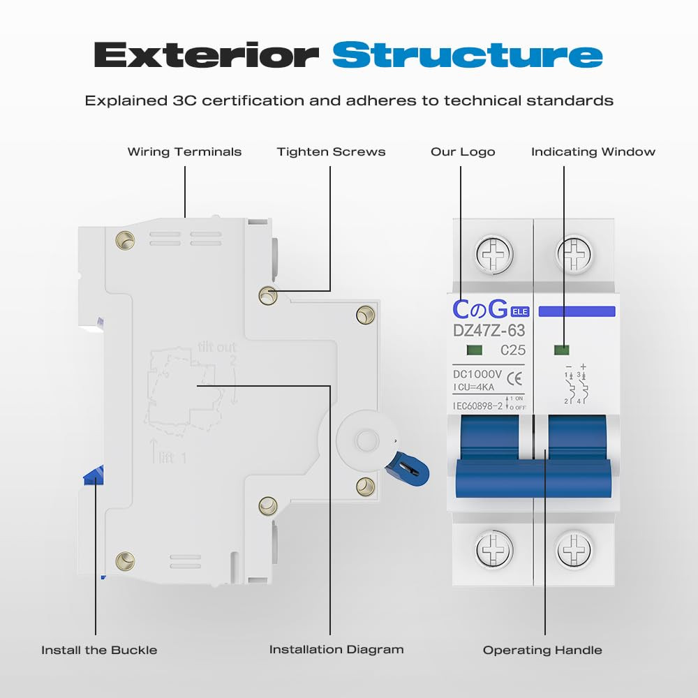 DC Miniature Circuit Breaker, CGELE 2 Pole 25 Amp 1000V DC Disconnect Switch for