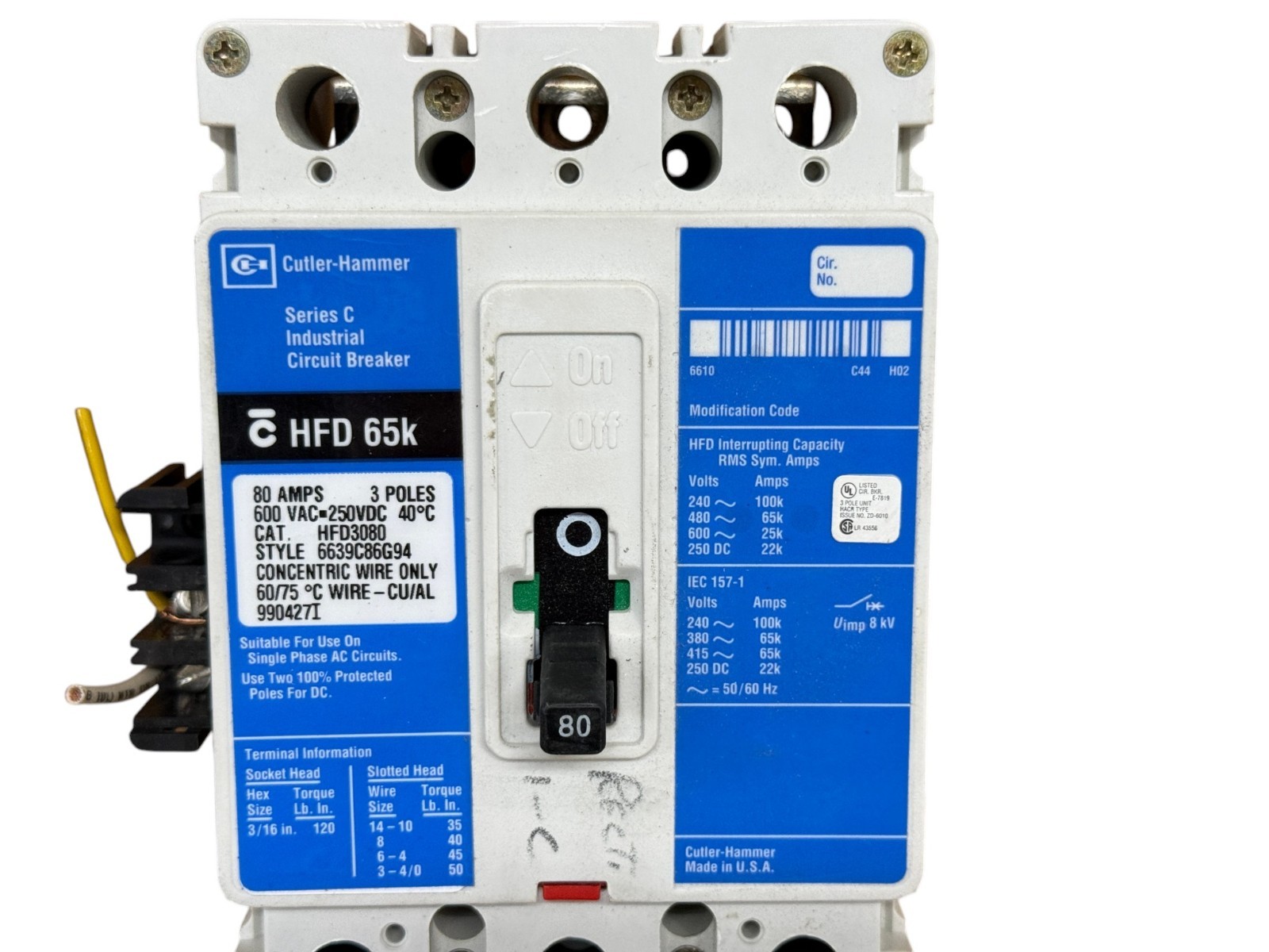 EATON HFD3080 80A 3-POLE 600V SERIES C F-FRAME 65KA@480V CIRCUIT BREAKER