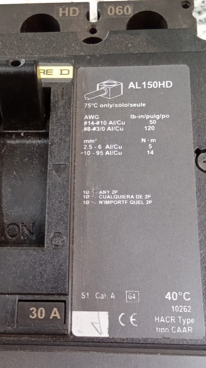 Square D/POWERPACT/BREAKER/HDL36030/30A/3P/600V/HD060/AL150HD/30A RATED/UE(40D3