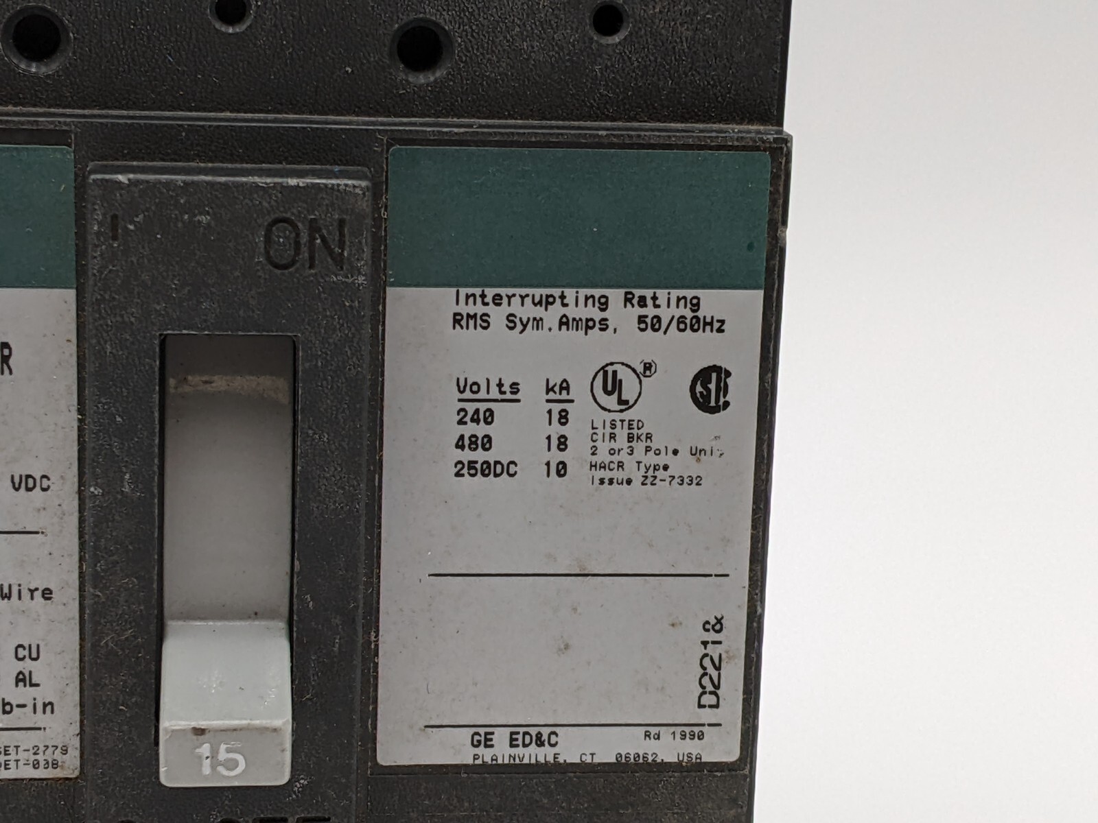 General Electric GE TED134015V Circuit Breaker 15 Amp 3 Pole 480 VAC 250 VAC