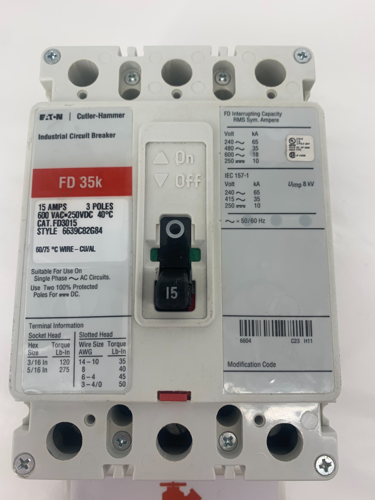Eaton FD3015 FD35k 15A 3P 3PH 35kA @480V Molded Case Circuit Breaker