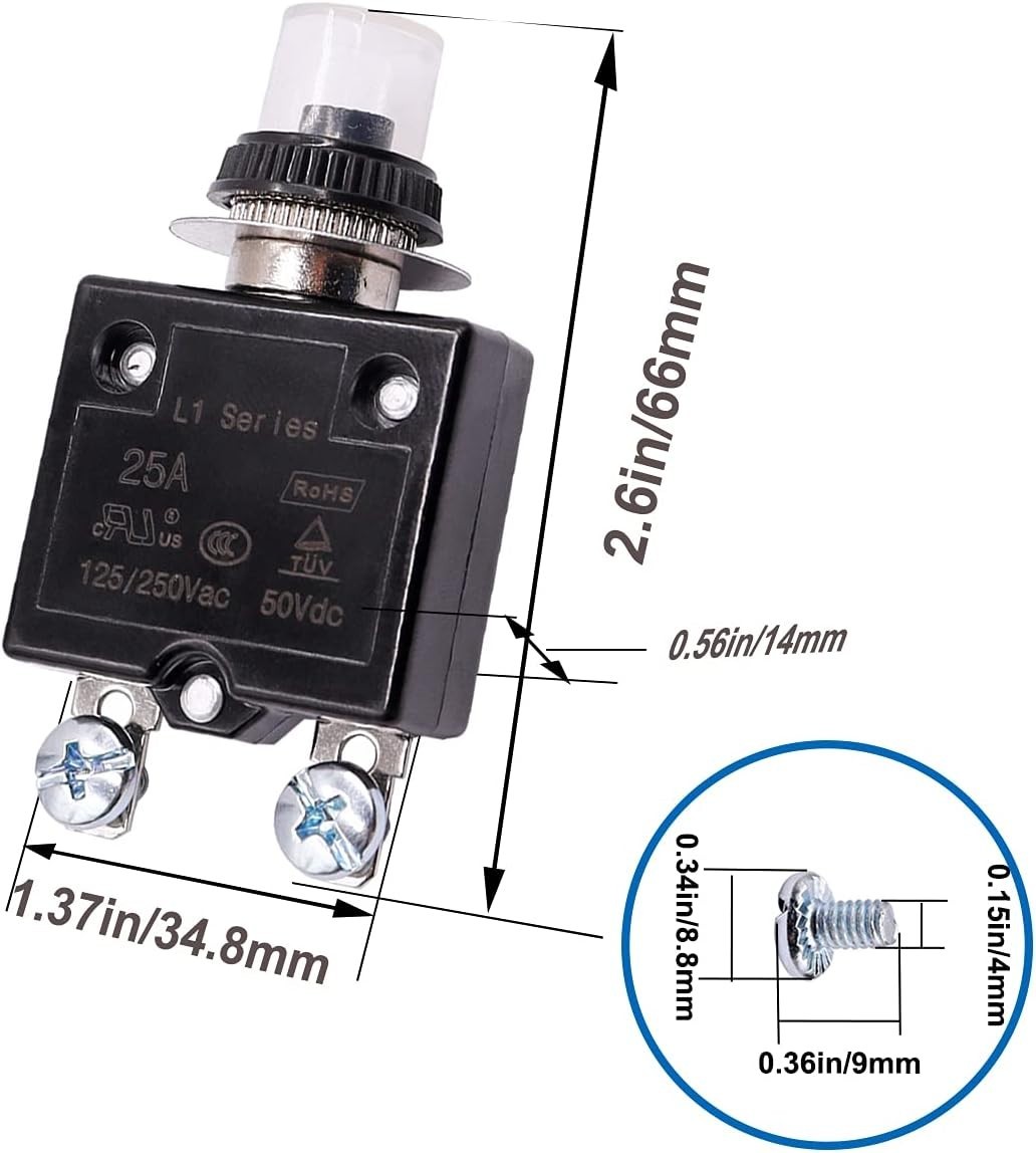 2Pcs 30Amp Circuit Breakers Push Button Manual Reset 125/250V AC 50V DC, L1 Seri