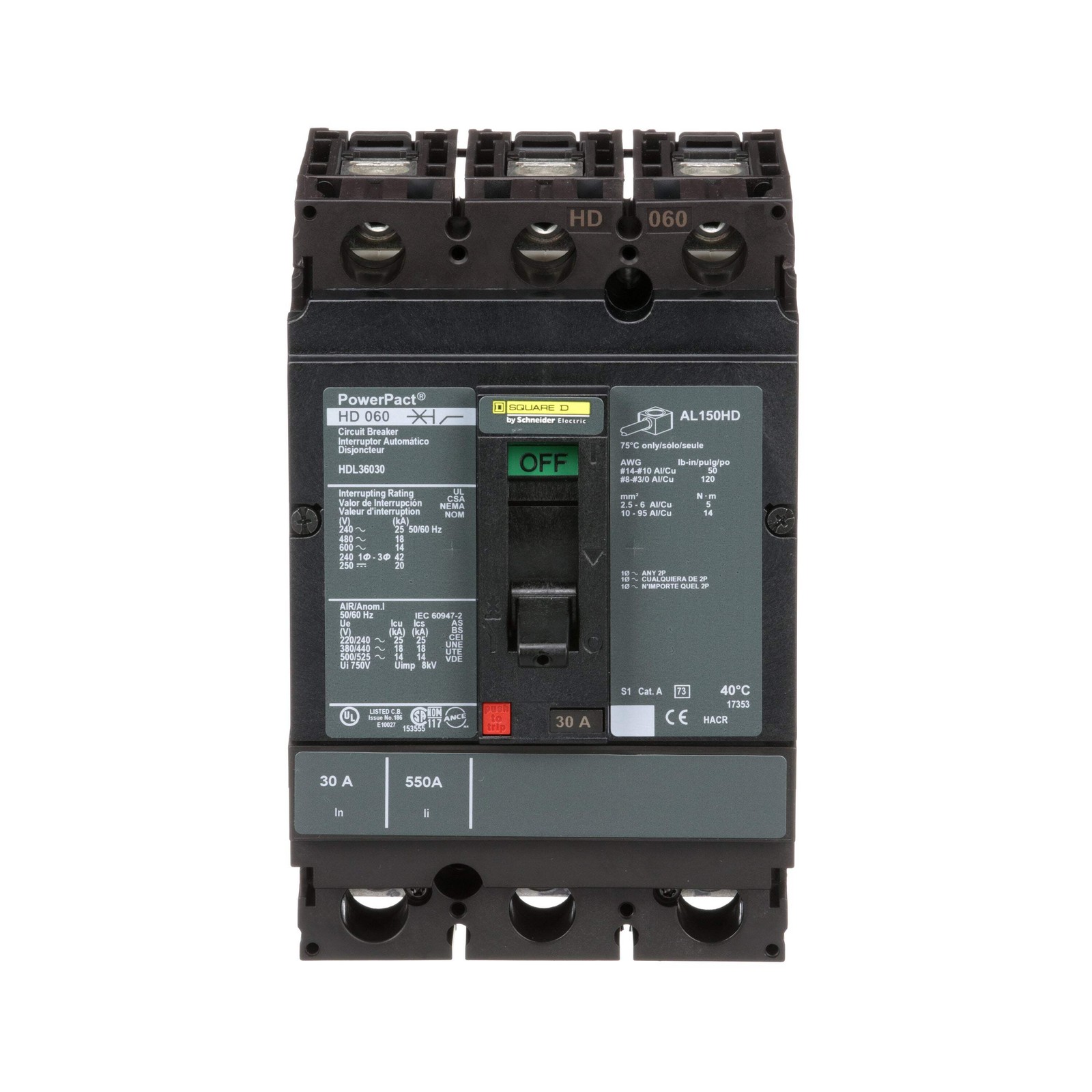 HDL36030 – Square D 30A 600VAC 3 Pole Thermal Magnetic Circuit Breaker PowerPact