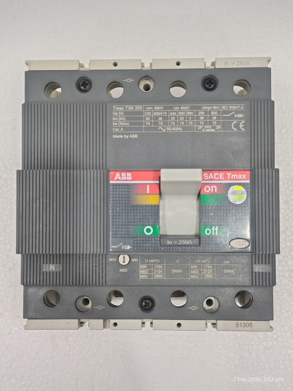 ABB SACE TMAX T3 N 250 1SDA051306R1 4 Pole 250Amp CIRCUIT BREAKER