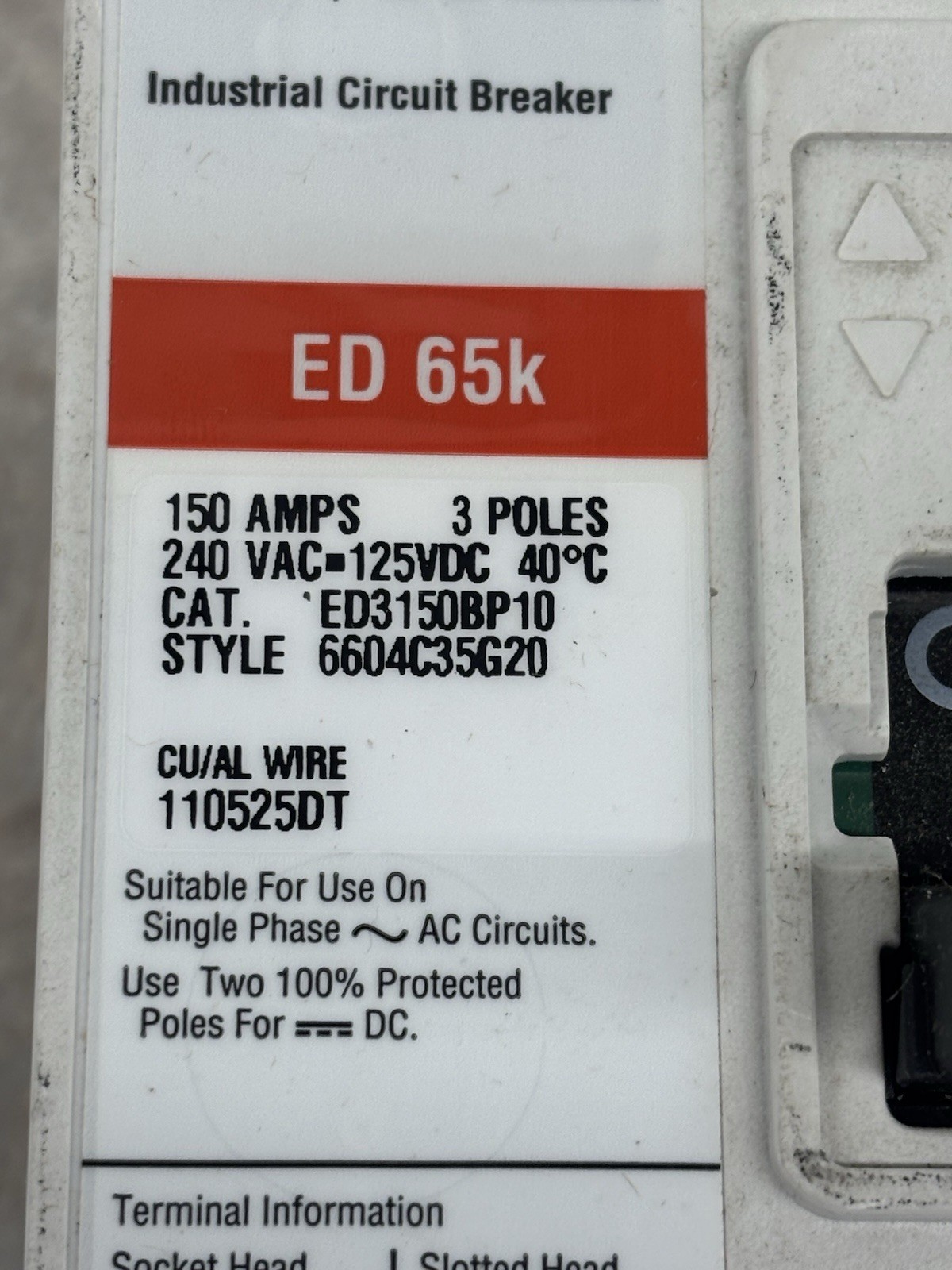 Cutler Hammer ED3150BP10 Industrial Circuit Breaker 150 Amp 3 Pole 240 Volt 65K