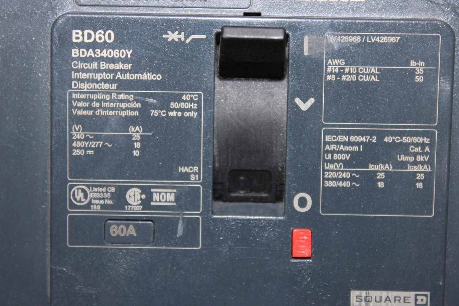 SQUARE D POWERPACT I-LINE CIRCUIT BREAKER BDA34060Y 60 AMP 3-POLE 480/277 VAC