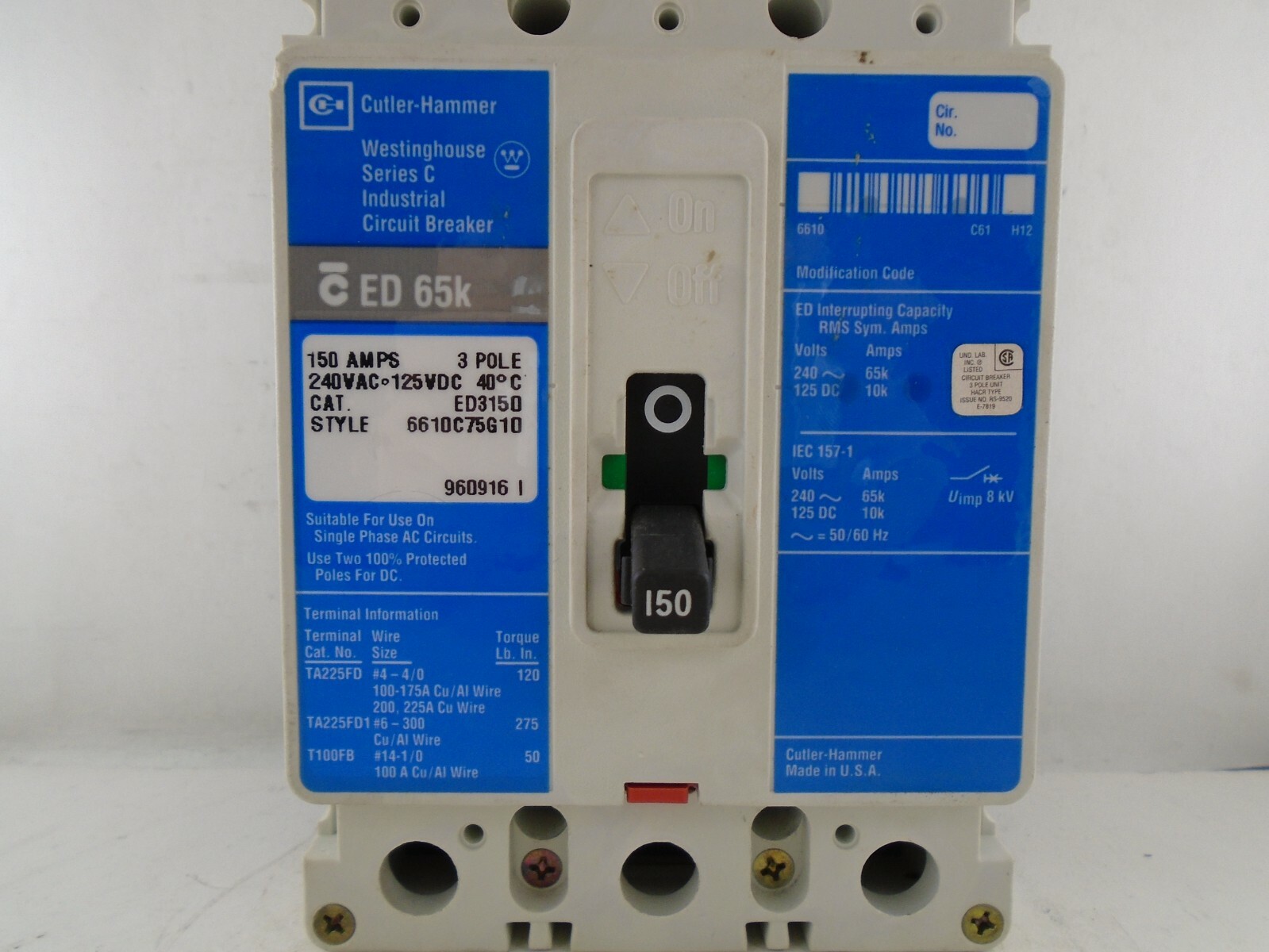 TESTED Eaton Cutler Hammer ED3150 150 AMP 3 Pole 65kA @ 240V Circuit Breaker