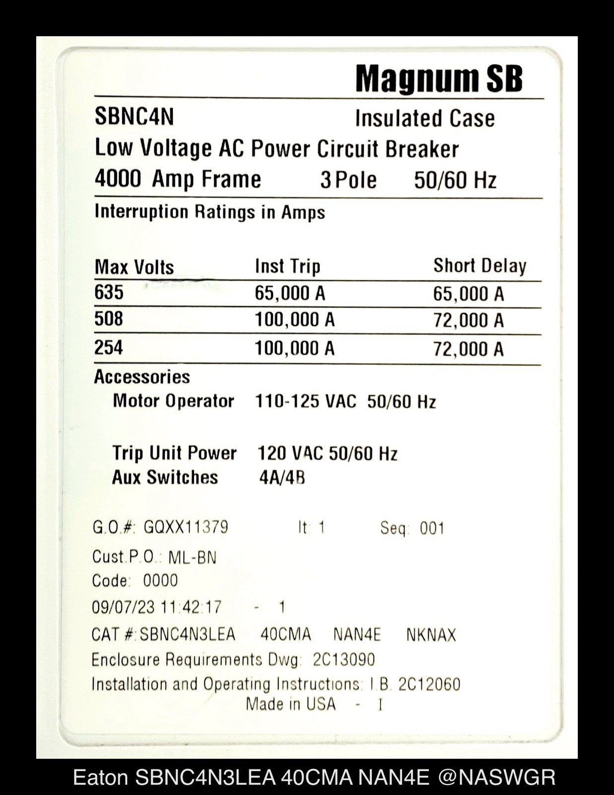 Eaton Magnum SB SBNC4N3LEA Circuit Breaker EO/DO – 4000A – Unused/Warranty