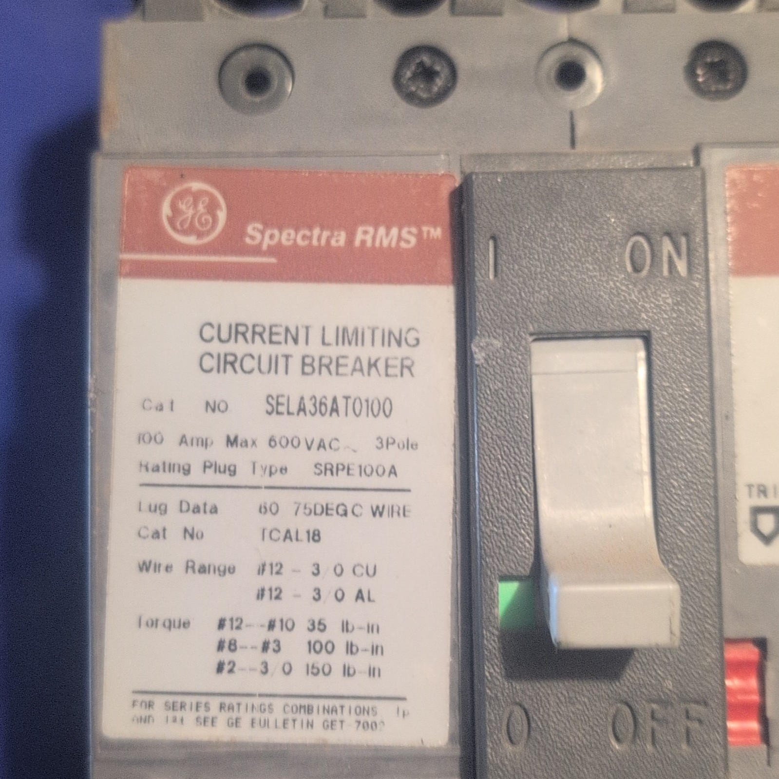 GE Spectra RMS Current Limiting Circuit Breaker 100A 600VAC 3-Pole SELA36AT0100