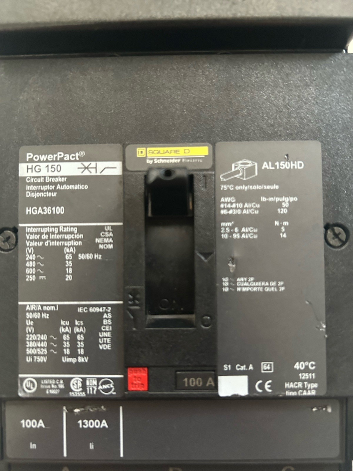 Square D PowerPact HG 150 Circuit Breaker 100A 3-Pole 240/600V HGA36100