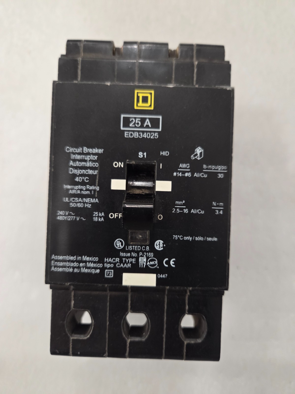 Square D EDB34025 Circuit Breaker Used
