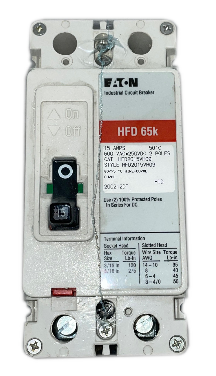 Eaton HFD2015VH09 Circuit Breaker, 2P, 15 A, 600Vac, Marine 50°C, Load Side Lugs