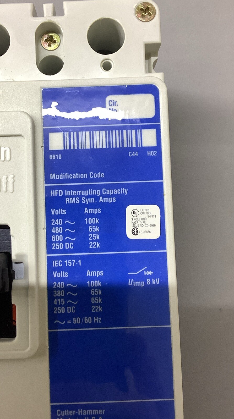 Cutler-Hammer HFD3125L Circuit Breaker 125A 600VAC (b267)
