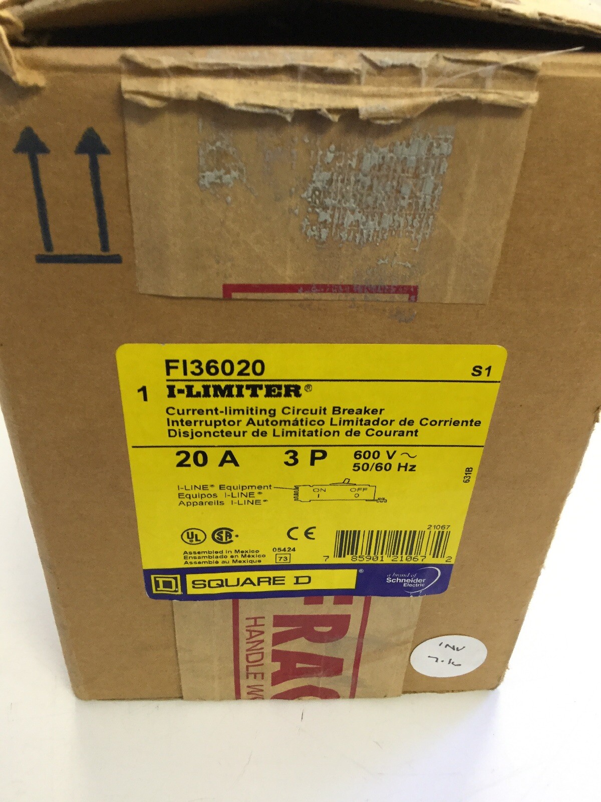 NEW, SQUARE D, FI36020, CURRENT LIMITING CIRCUIT BREAKER, 20A, 3P, 600V. (17F-3)