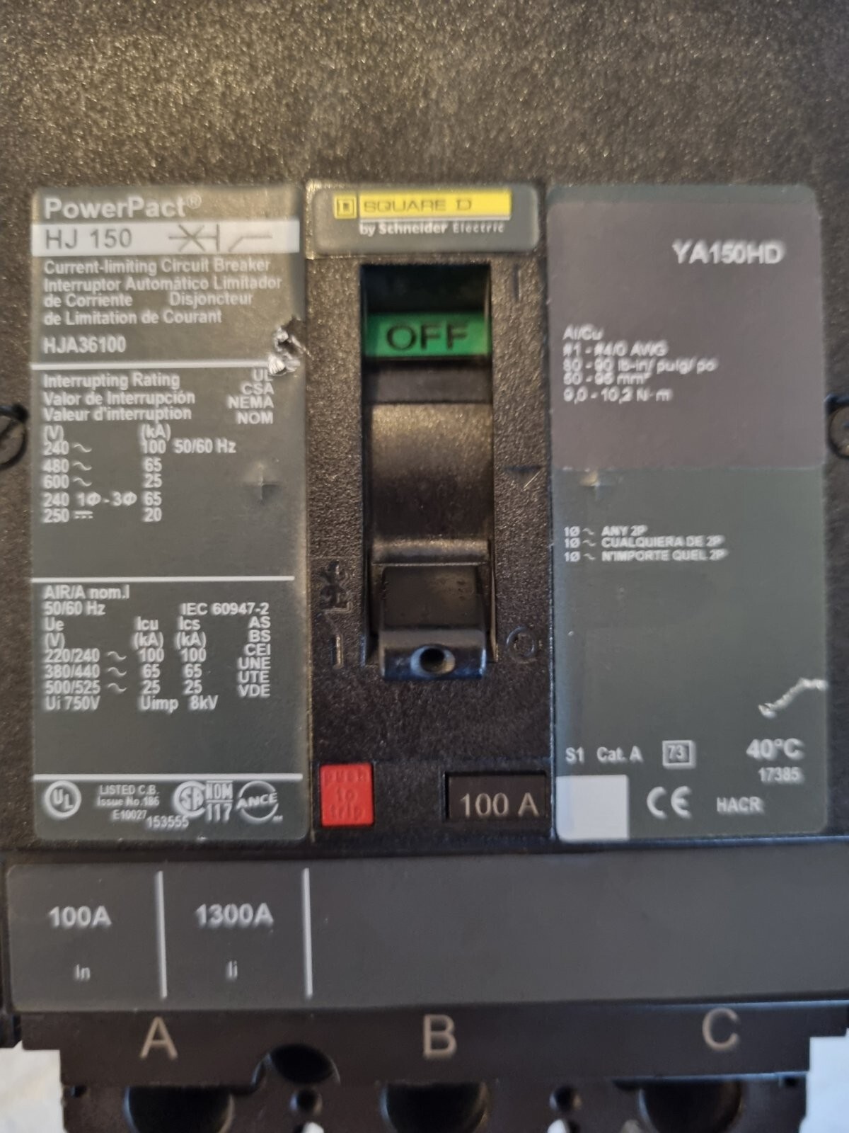 Schneider Square D I-Line Breaker HJA36100 100 Amp 600 Volt 3 Pole NO Lug Kit