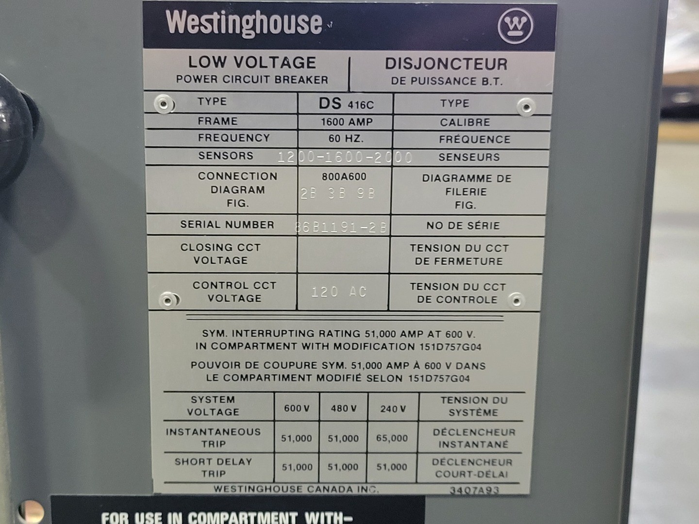 Westinghouse DS416C 1600 Amp 3 Pole Low-Voltage Power Circuit Breaker