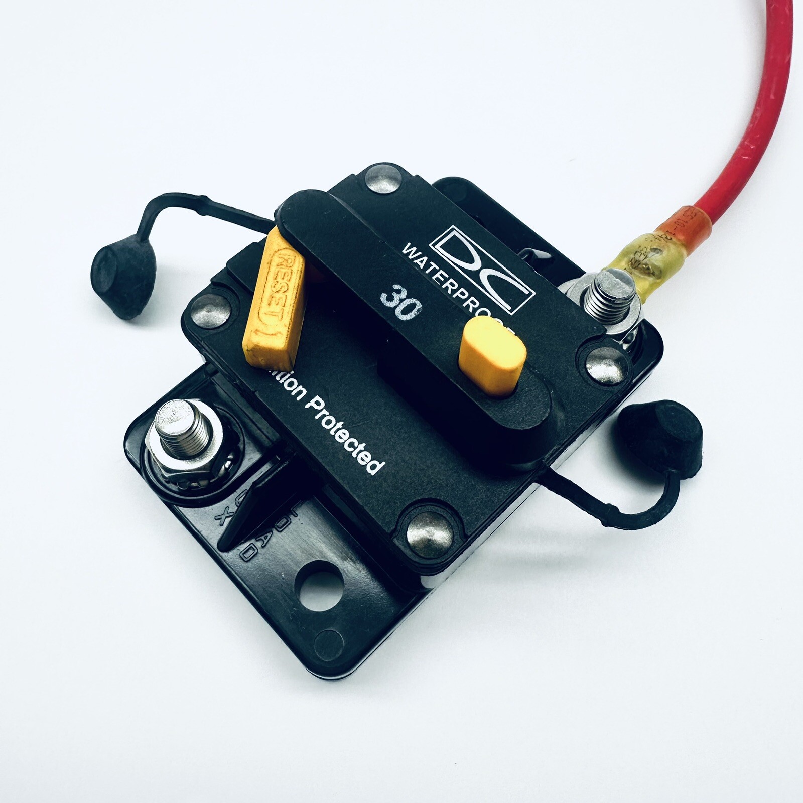 30A Surface Mount Waterproof DC Circuit Breaker with 12″ red cable connection
