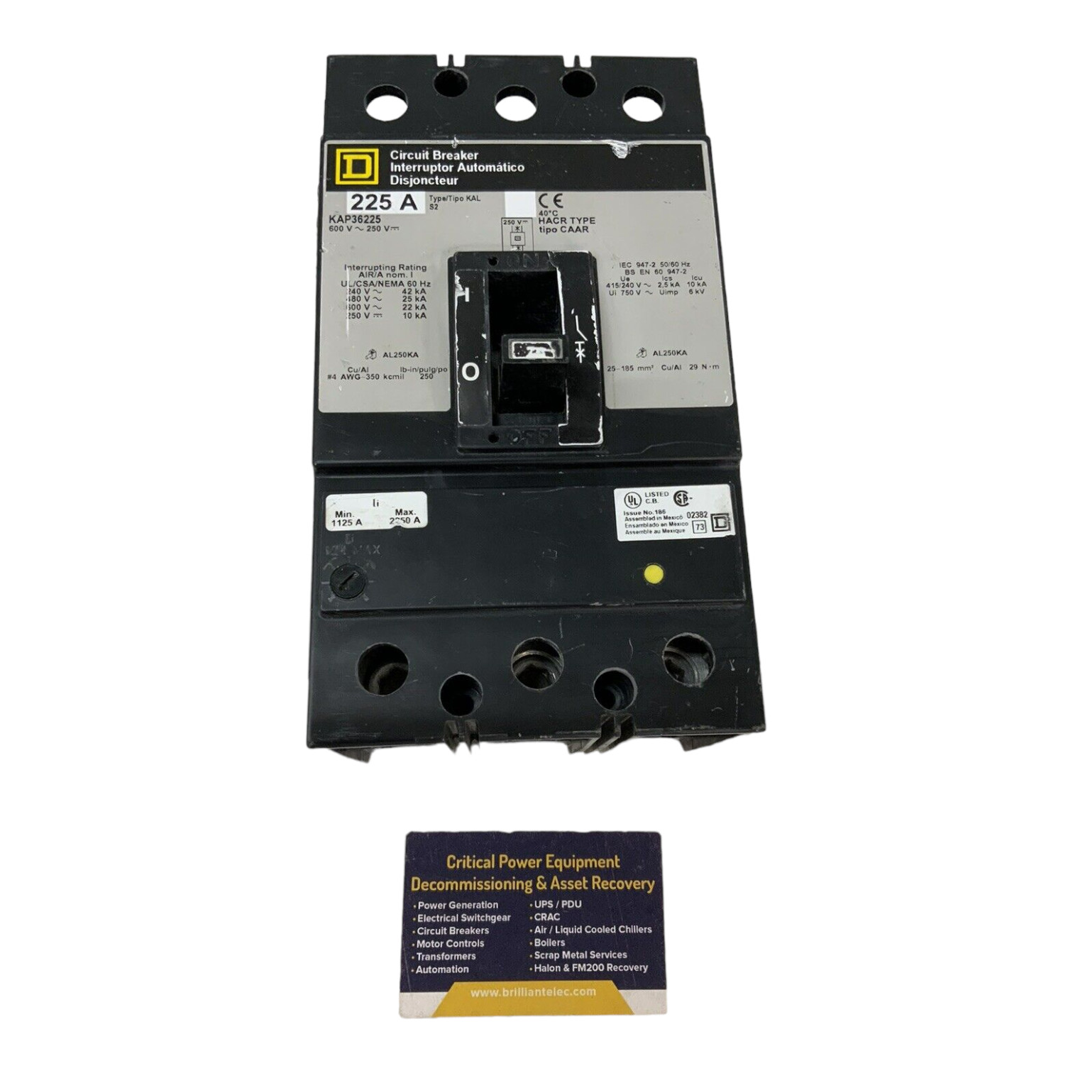 Square D KAP36225 Circuit Breaker 225A 3P 600V 3PH KAP 225 Amp 3 Pole Used