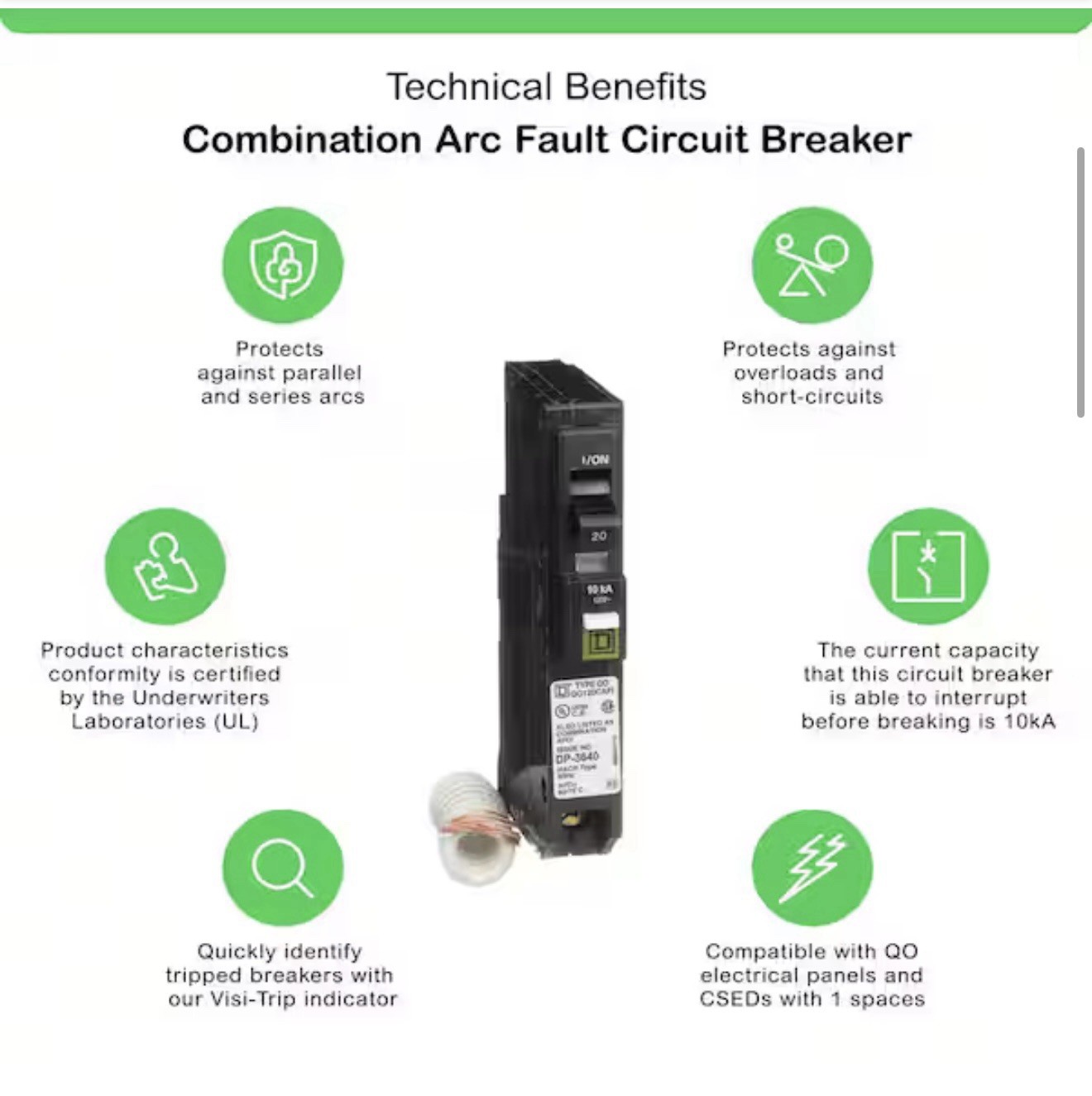 Square D QO120CAFIC 20A 1 Pole Mini Circuit Breaker – Black with diagnostics OB