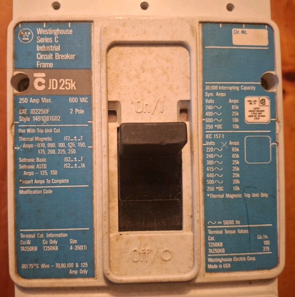 WESTINGHOUSE – JD2250F – BREAKER W/ JT2250T MAGNETIC TRIP – 2 POLE/250 A/600VAC