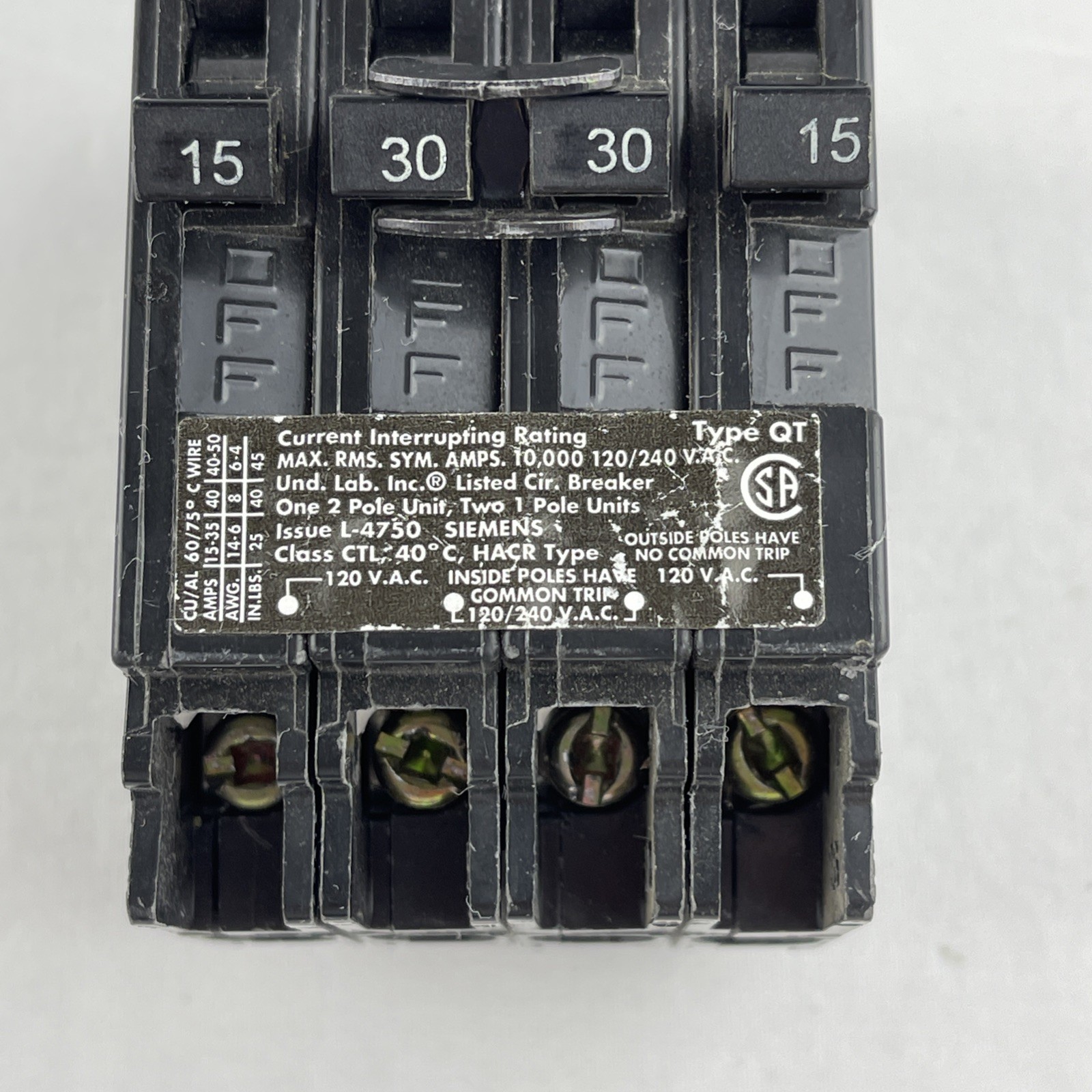 SIEMENS Q21530CT 30 Double Two 15-Amp Single Pole Circuit Breaker *USED*