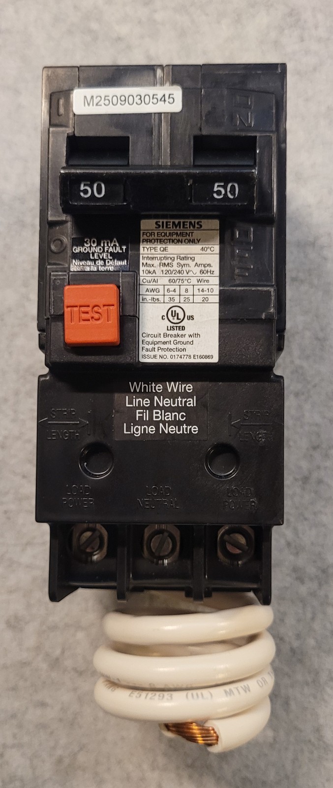 Circuit Breaker – Siemans QE250 50-Amp 240-Volt Fault Equipment Protection