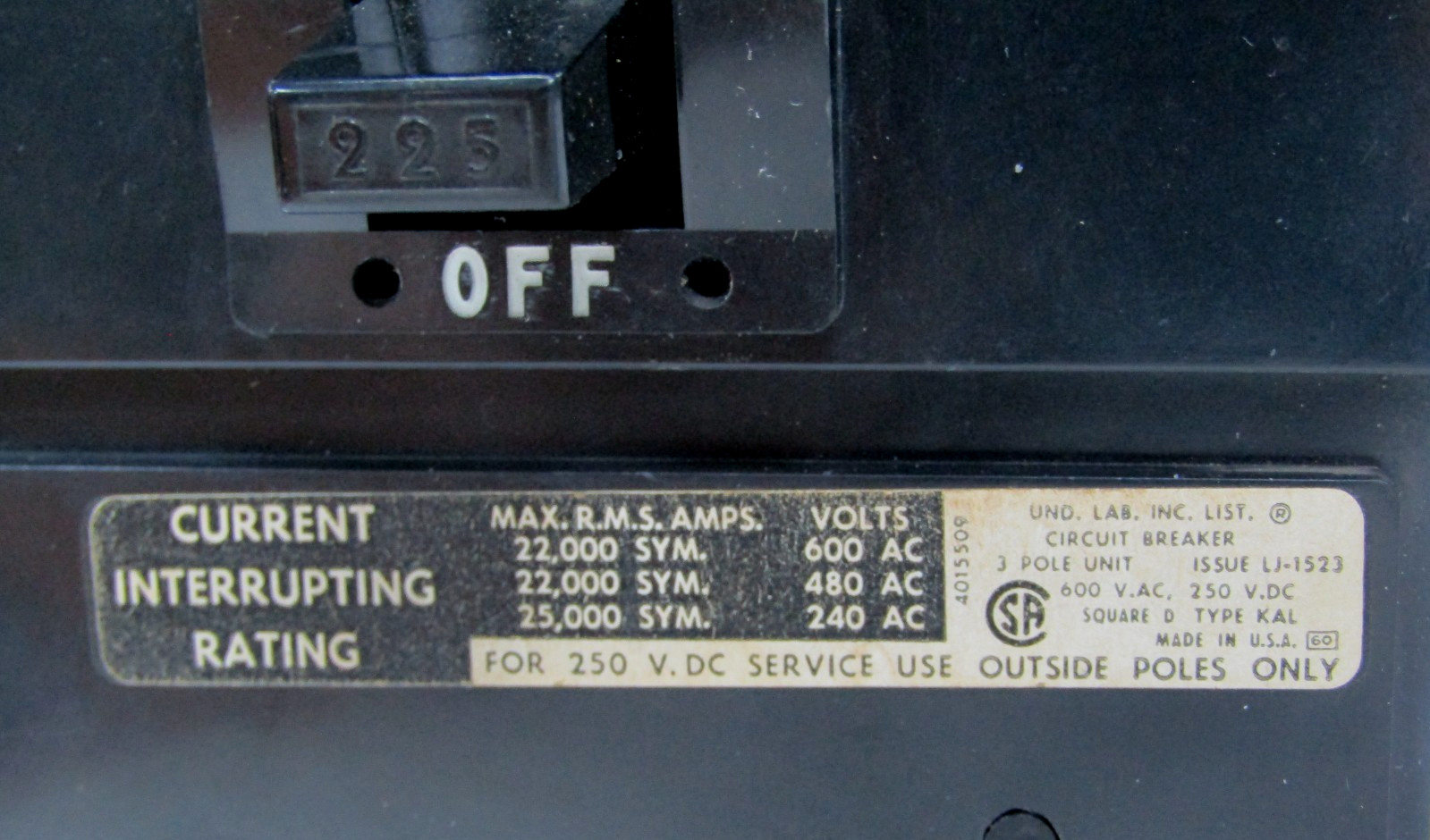🙌 SQUARE D KAL 225 AMP CIRCUIT BREAKER 600 VAC 250 VDC 3 POLE KAL36225